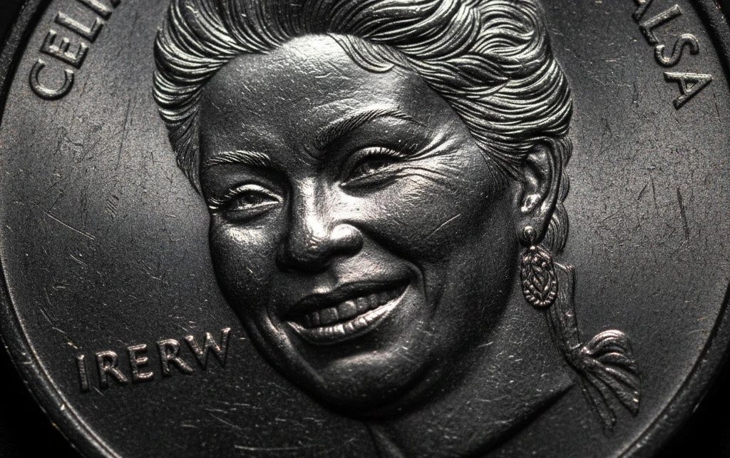 Macro shot of 2024 Celia Cruz quarter showing fine engraving details