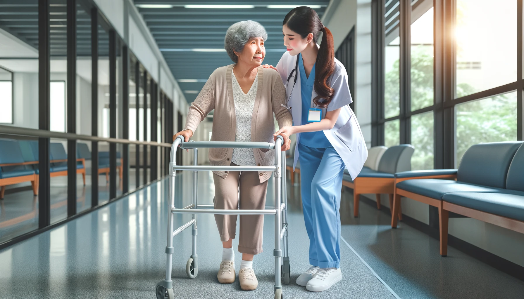 Asian young nurse supporting an elderly patient, a disabled woman, in using a walker in a hospital