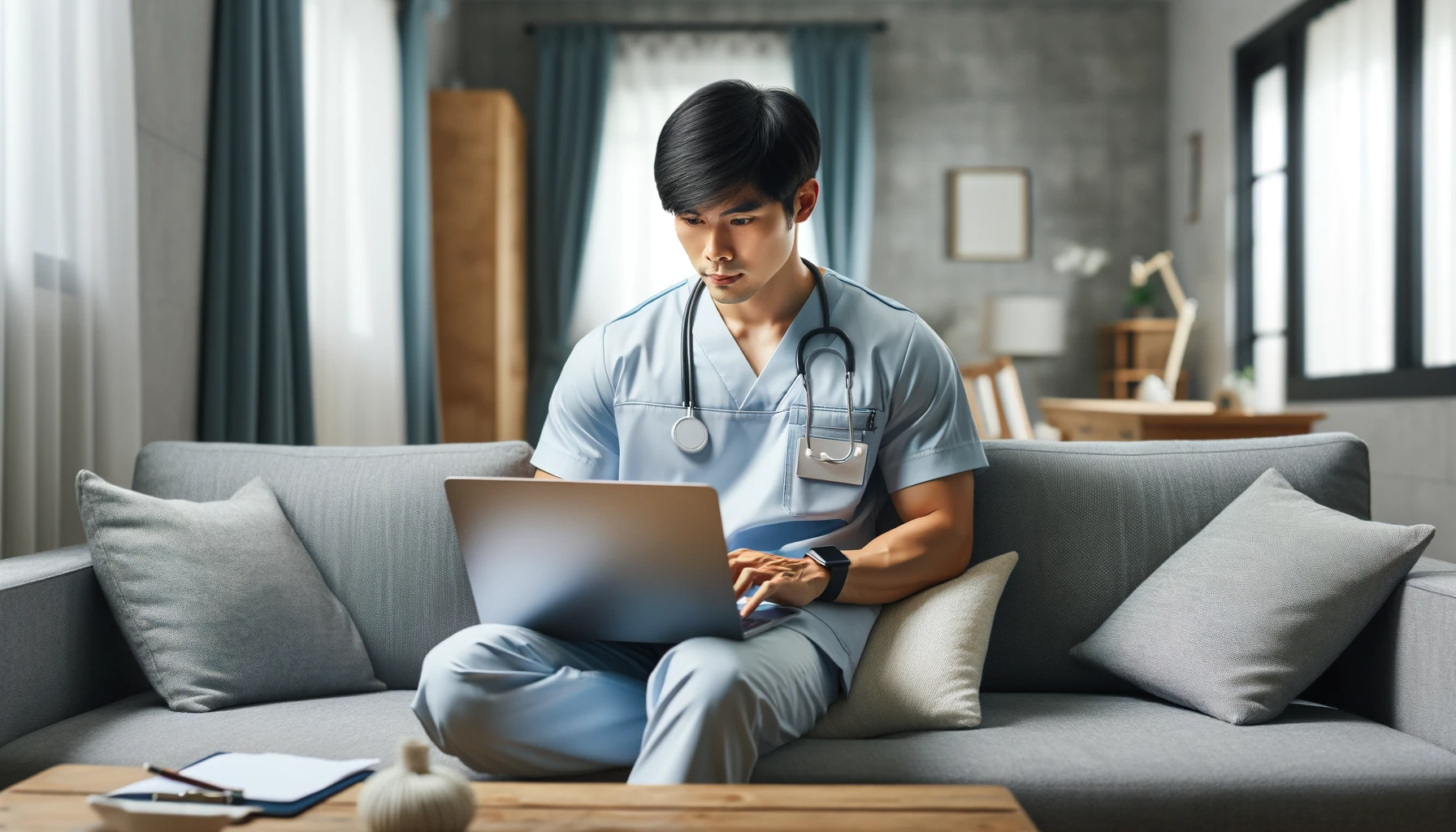 young Asian man dressed in a nurse uniform, using a laptop on the sofa in his living room
