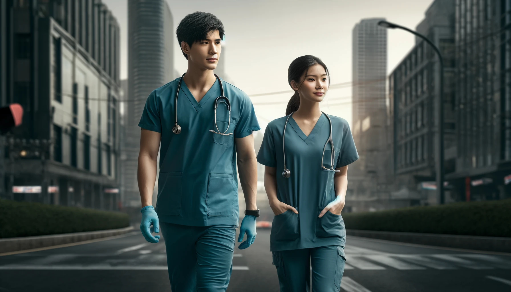 Man and woman healthcare workers in medical scrubs walking to work on the street together
