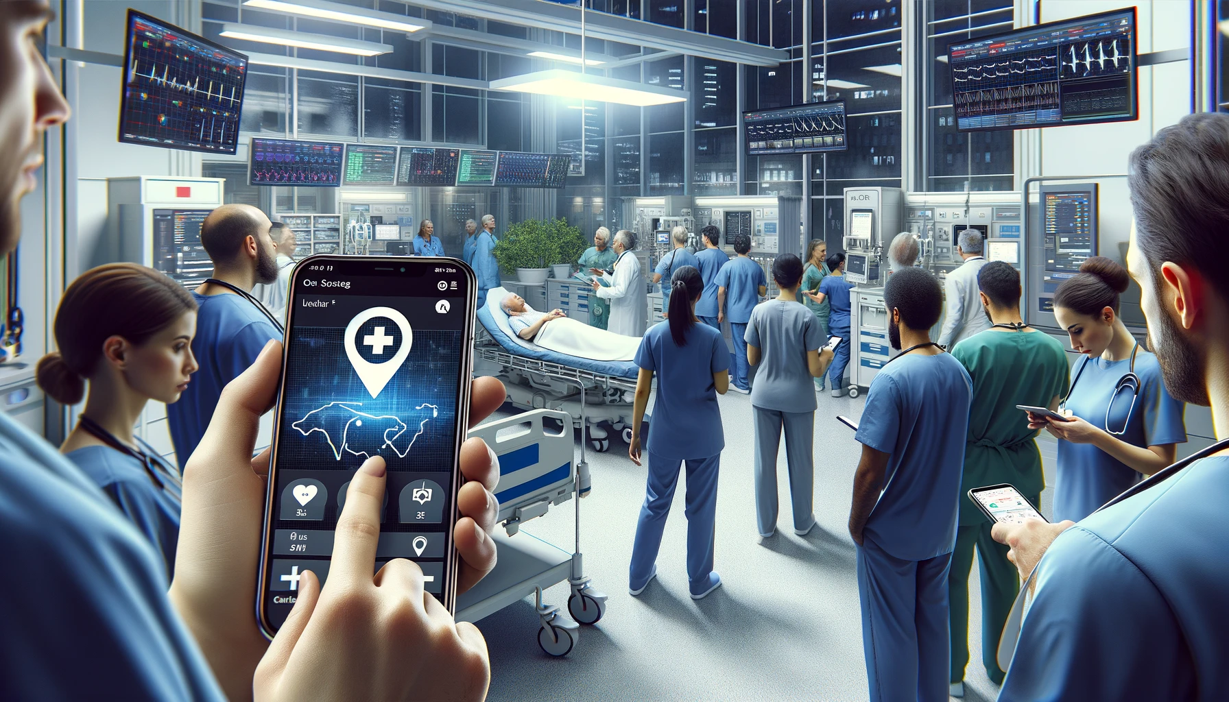 A hospital emergency room scene where a diverse group of healthcare professionals use location tracking technology on their mobile devices to coordinate efforts efficiently during a critical situation