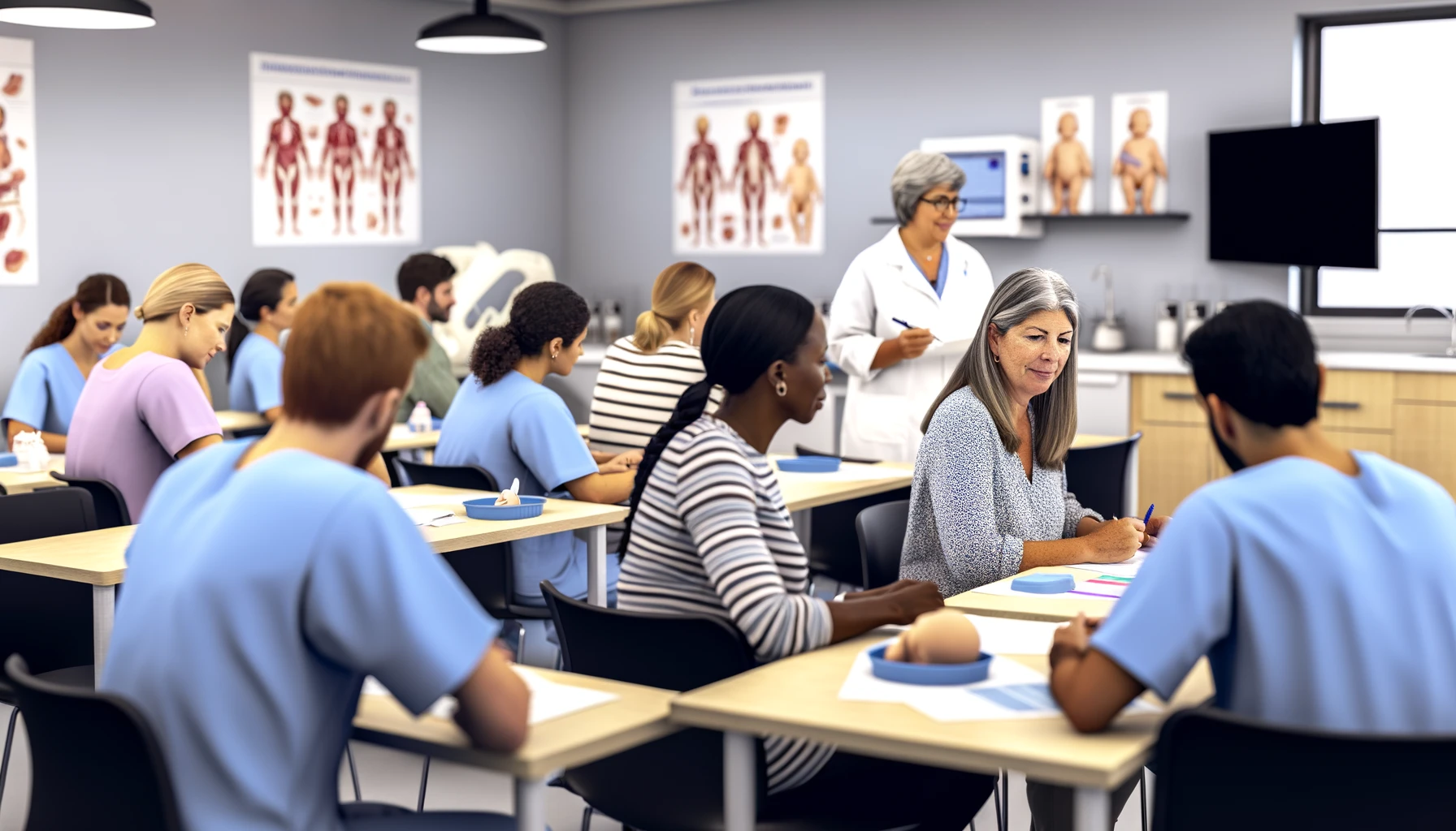A classroom setting in a healthcare education facility where a group of lactation consultant trainees, a diverse group of men and women, are participating in a workshop led by a middle-aged Hispanic woman