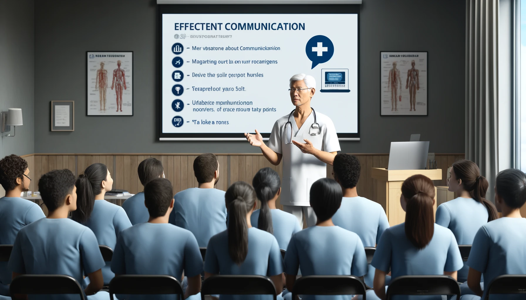 an Asian male, teaching a group of new nurses about effective communication strategies in a hospital seminar room.