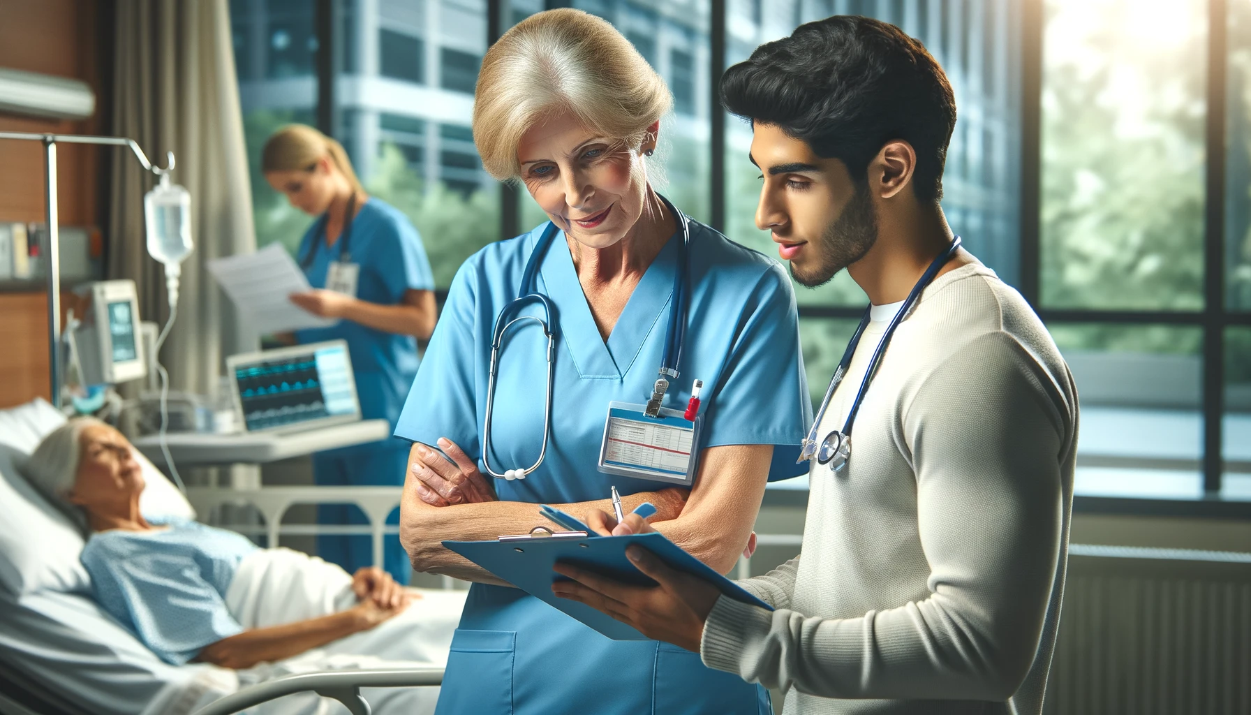 a nurse consultation where a veteran nurse, a middle-aged Caucasian woman, is discussing patient care techniques with a young Hispanic male nurse at a patient's bedside