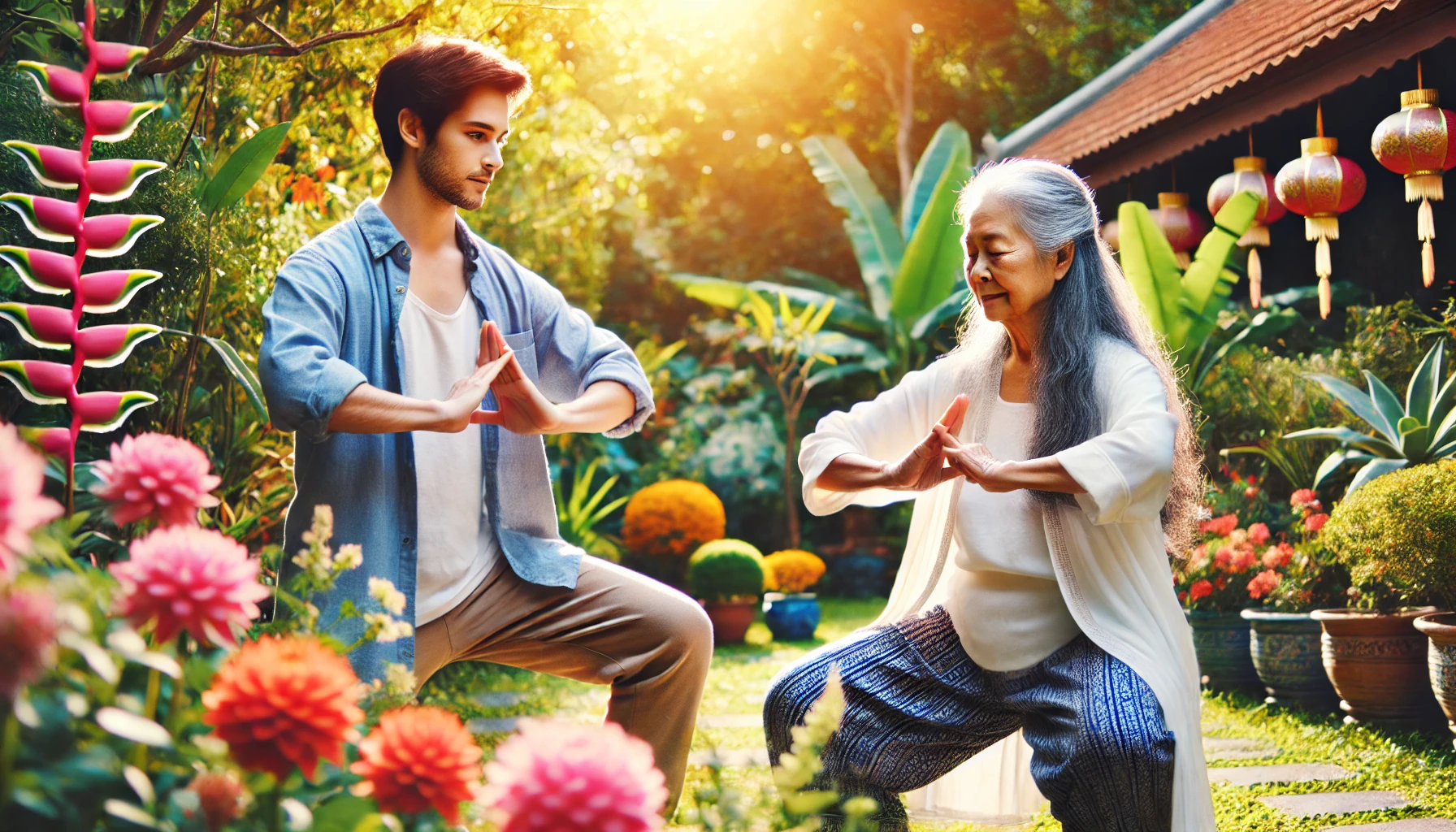An elderly Thai woman and her caregiver engaging in gentle physical activity outdoors. They are in a lush garden with bright flowers and greenery, performing tai chi or traditional Thai dance movements.