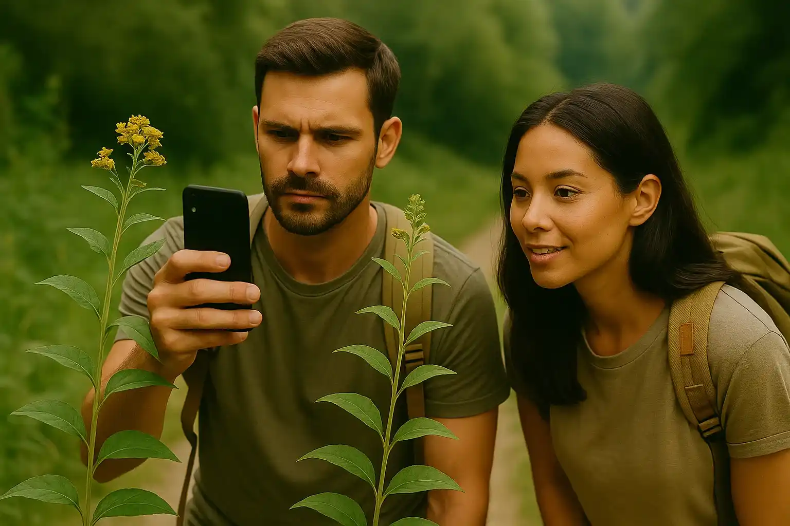 A man photographs two nearly identical wild shrubs with yellow flowers while his friend observes, showing how plant ID apps help in spotting subtle differences.