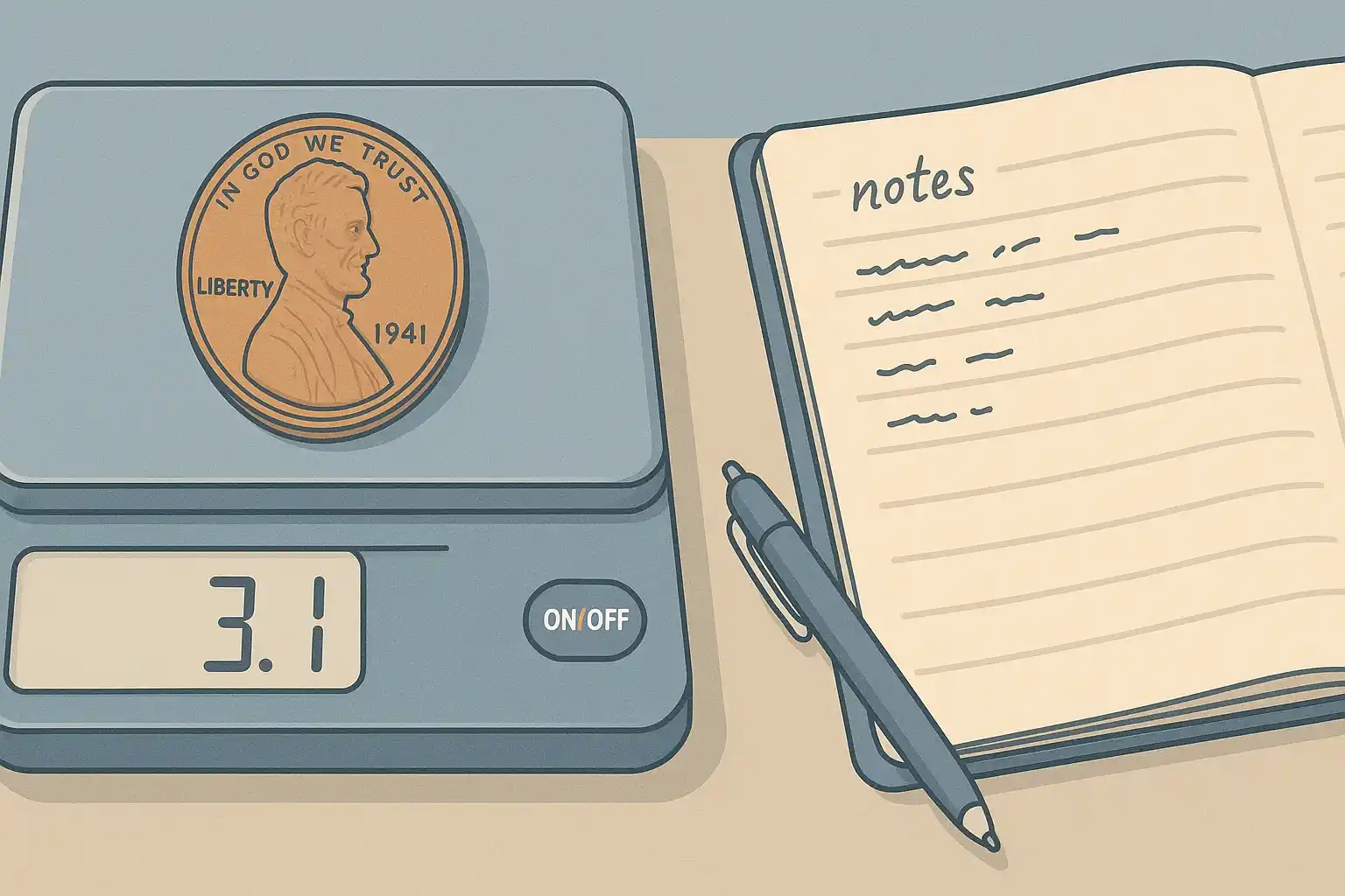 A 1941 penny is weighted on a digital scale.