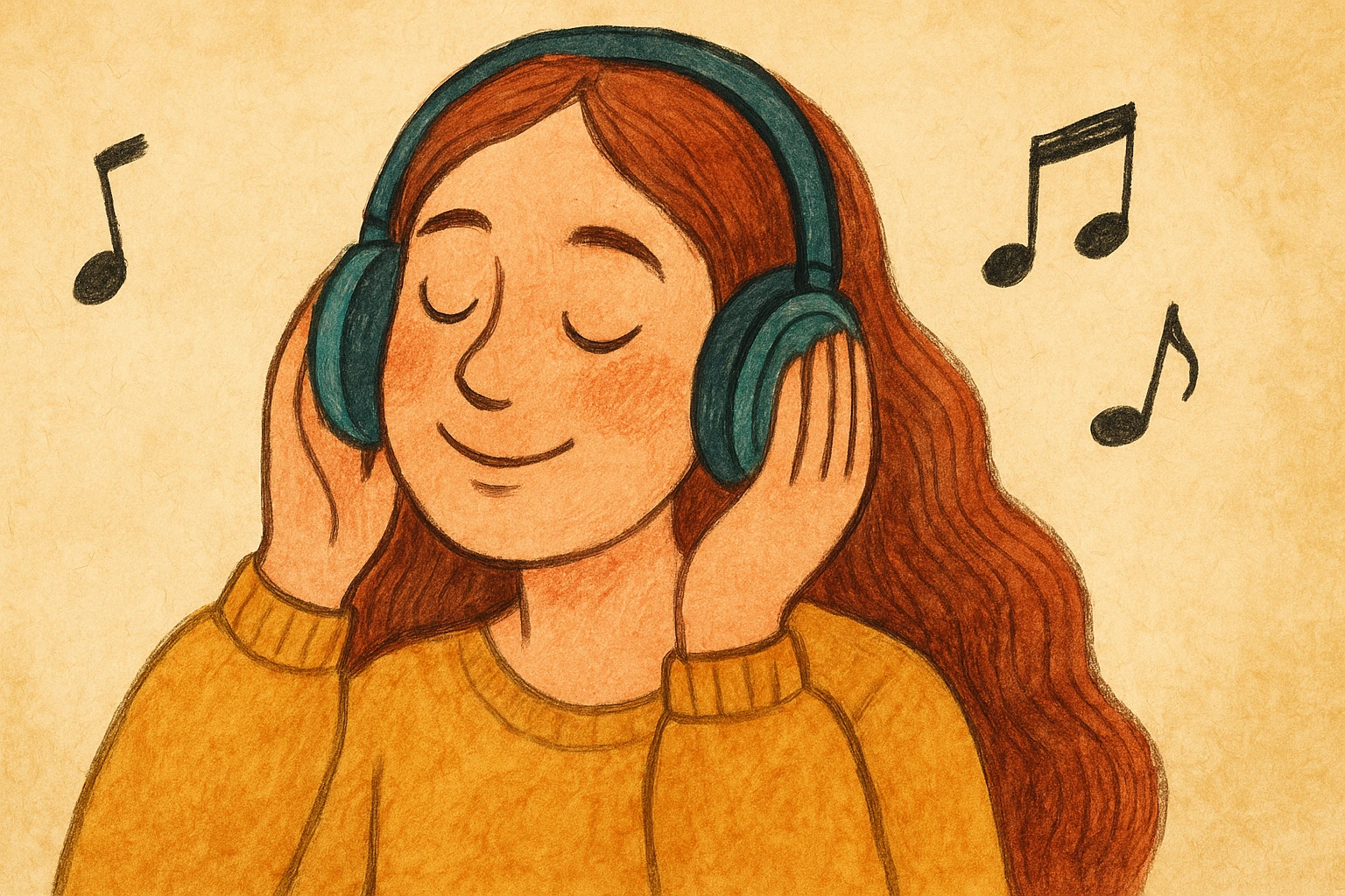 Woman listens to music happily.