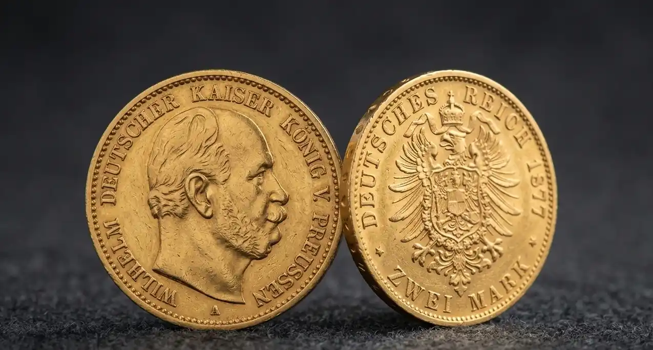 Close-up of a German Empire 20 mark gold coin